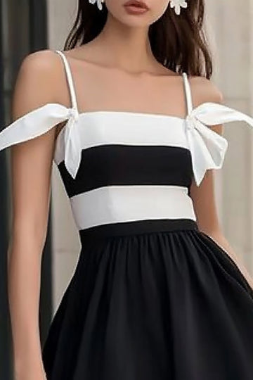 Black and White Satin Ruffled A Line Short Cocktail Dress with Bow